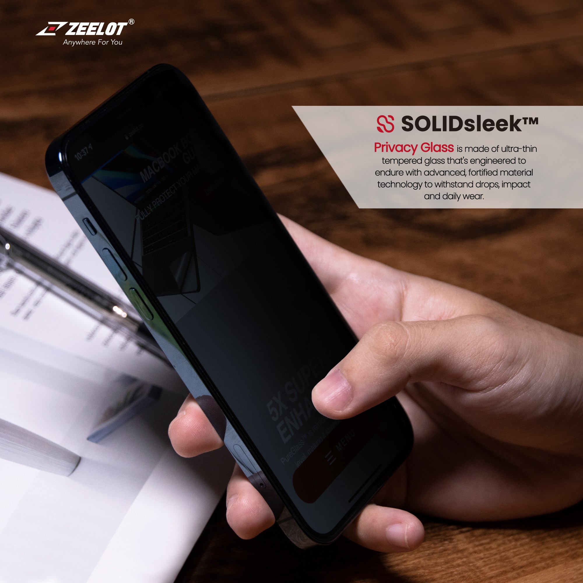 Cường lực dán chống nhìn trộm ZEELOT SOLID SLEEK có viền đen iPhone 13 PRO MAX
